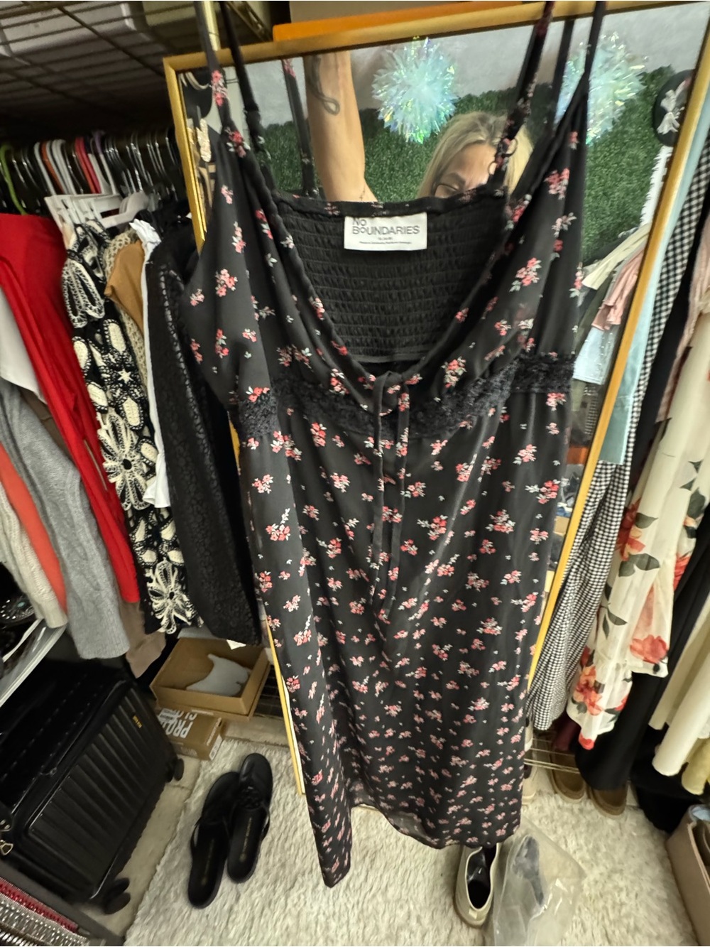 No Boundaries Black Slip Dress with Pink Floral Print and Lace Trim